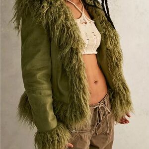 Urban Outfitters Olive Green Pea Coat with Fringe